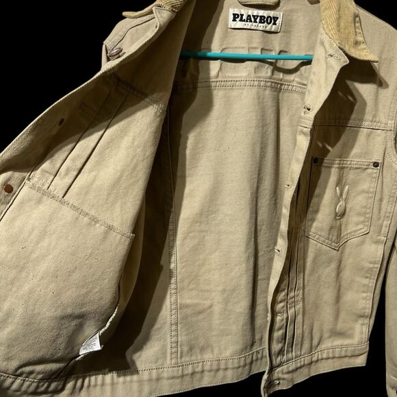 Playboy by Pacsun Men’s Beige Denim, Corduroy Collar Trucker Jacket  Size SMALL - Picture 6 of 12